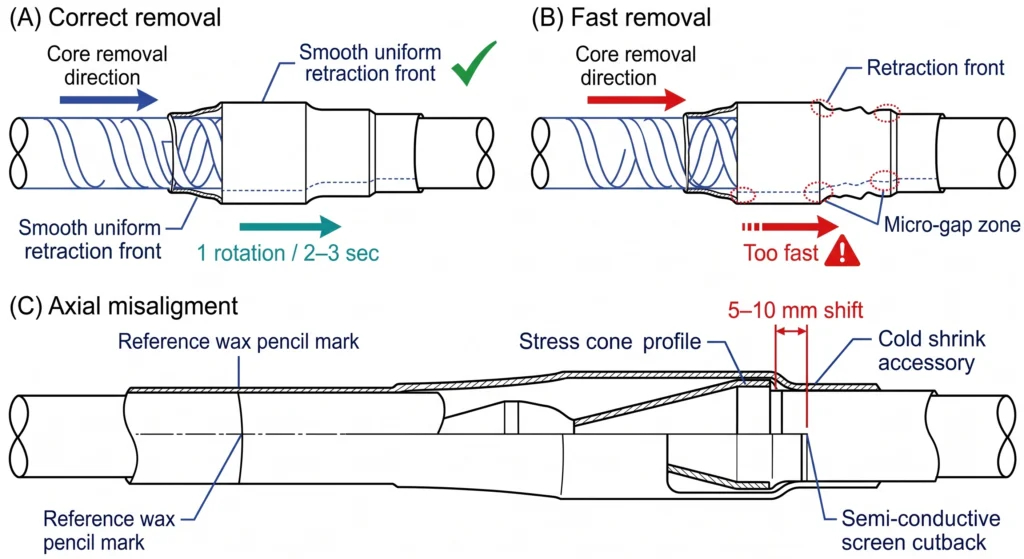 Sequential diagram showing correct spiral core removal speed versus fast removal and axial misalignment errors in cold shrink accessories