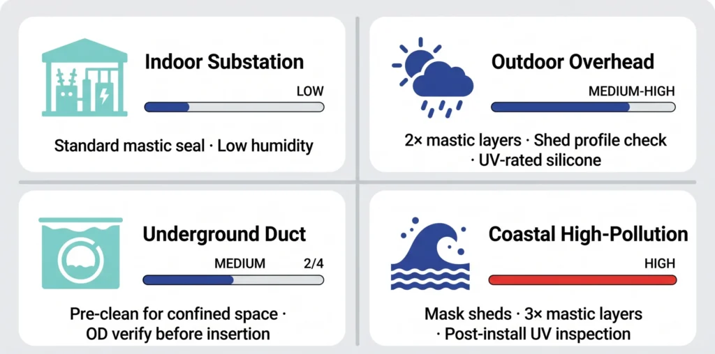 Infographic showing cold shrink installation risk ratings across four environmental zones — indoor substation, outdoor overhead, underground duct, and coastal