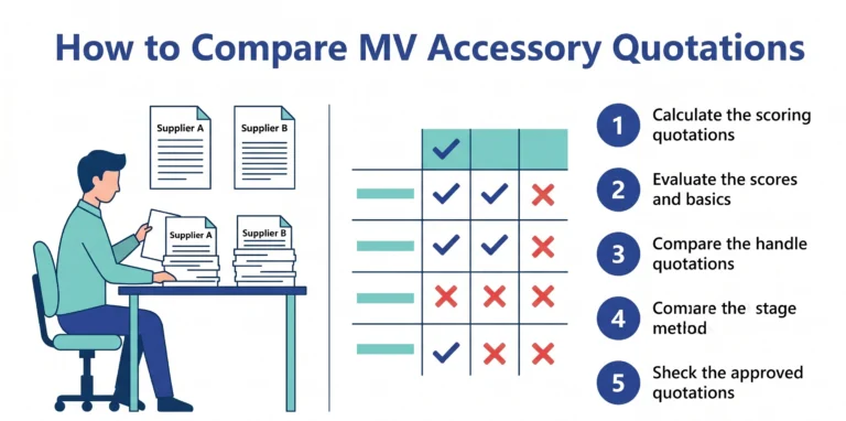 Engineer reviewing MV accessory supplier quotation checklist with scoring matrix