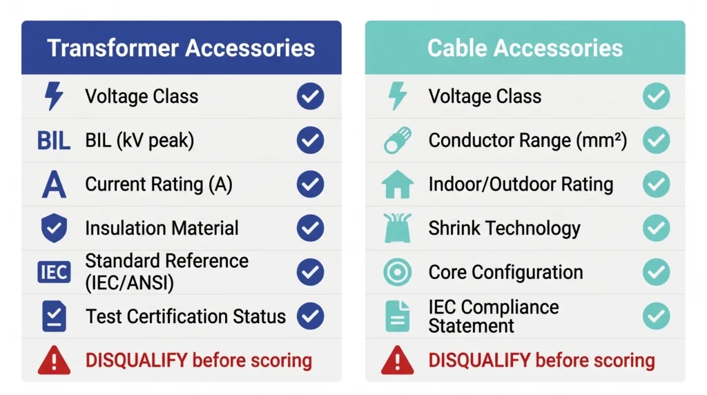 Minimum parameter requirements for transformer accessories and cable accessories quotations side by side