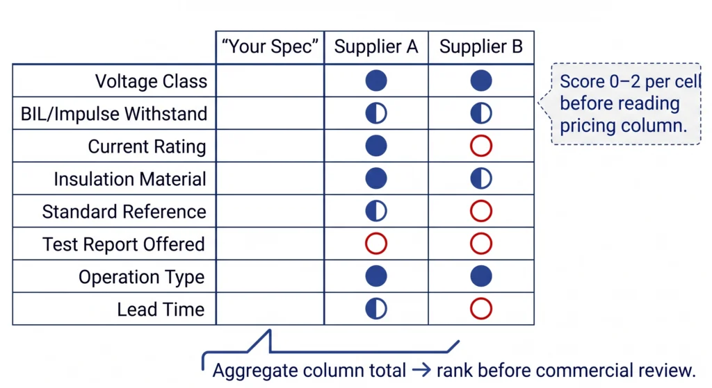 Scored parameter comparison matrix for MV accessory supplier quotations with 0 to 2 scoring scale