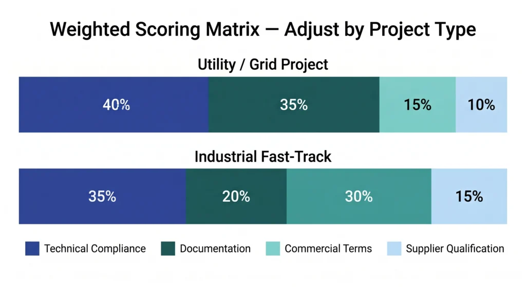 Weighted scoring matrix comparison between utility grid project and industrial fast-track MV accessory procurement