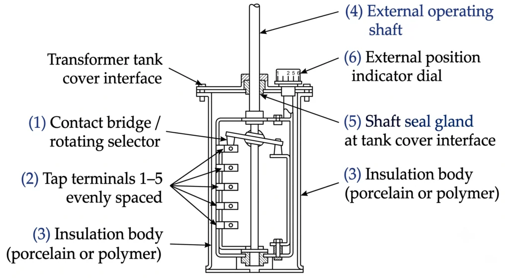 Cross-section diagram of off-circuit tap changer showing contact stack, tap terminals, and shaft seal