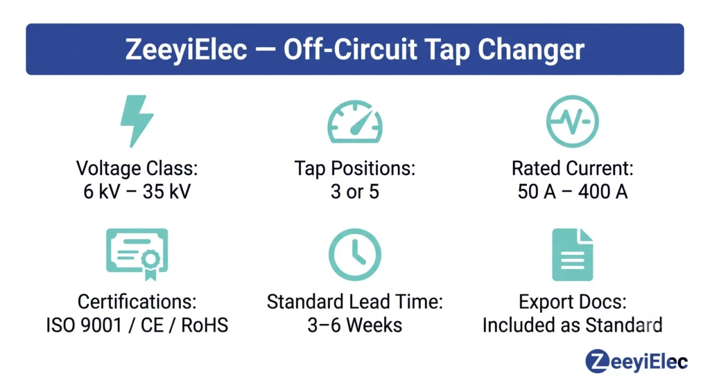 ZeeyiElec off-circuit tap changer product capability card showing voltage range and certifications