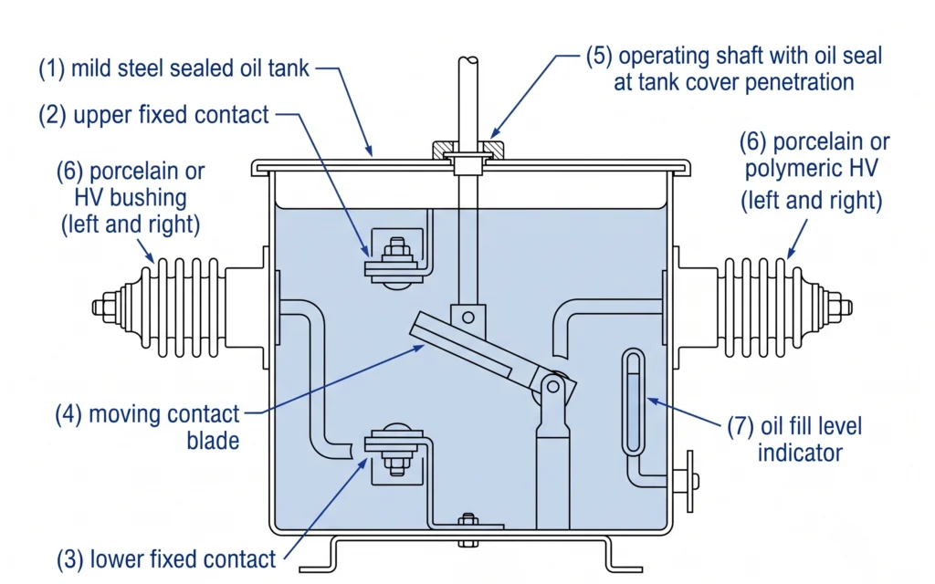 Cross-section diagram of oil immersed loadbreak switch showing arc quenching chamber and bushing layout