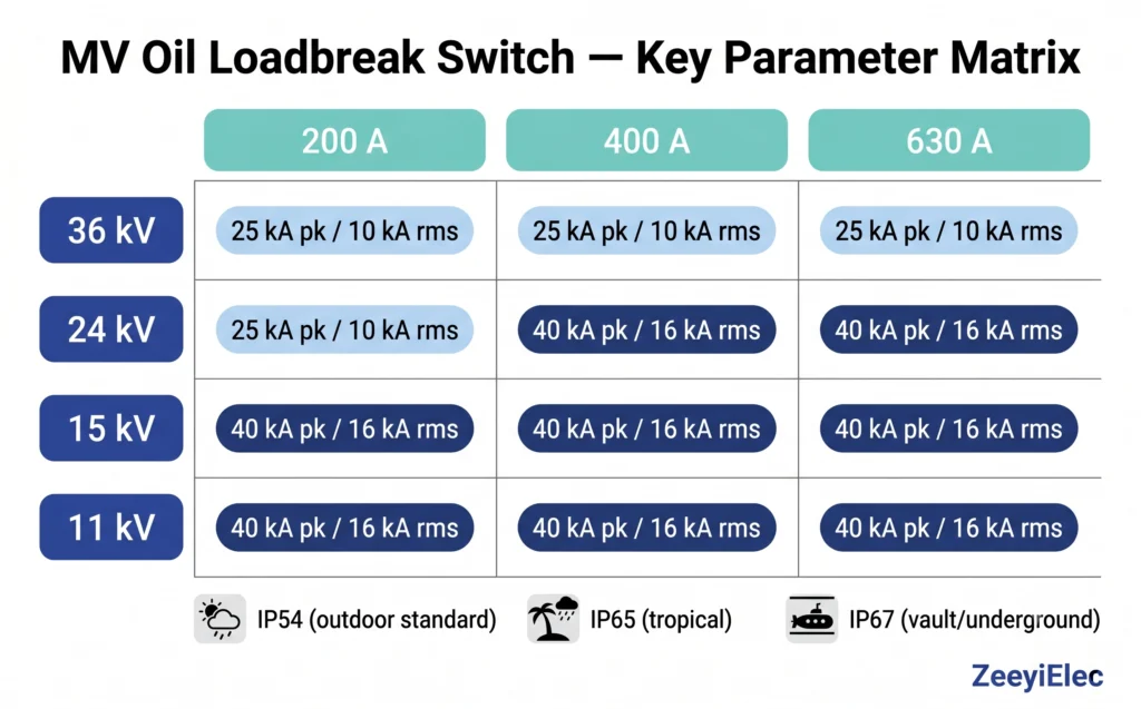 Parameter matrix showing oil immersed loadbreak switch voltage class versus rated current and short-circuit withstand ratings
