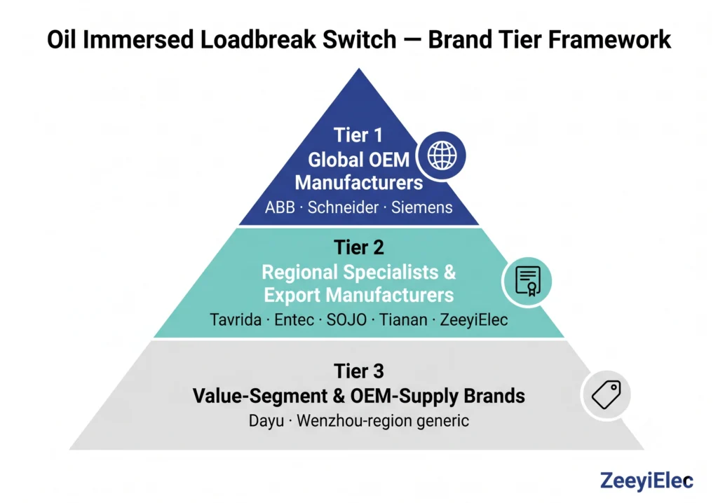 Three-tier pyramid infographic comparing oil immersed loadbreak switch manufacturer tiers by documentation depth and market reach