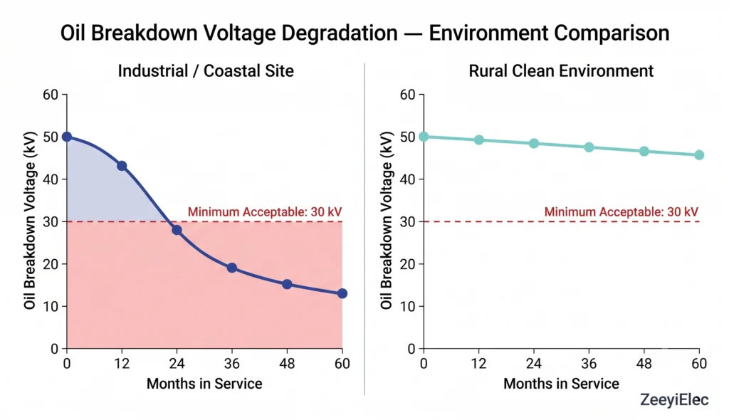 Dual-panel chart showing oil breakdown voltage degradation over time for industrial versus rural installation environments