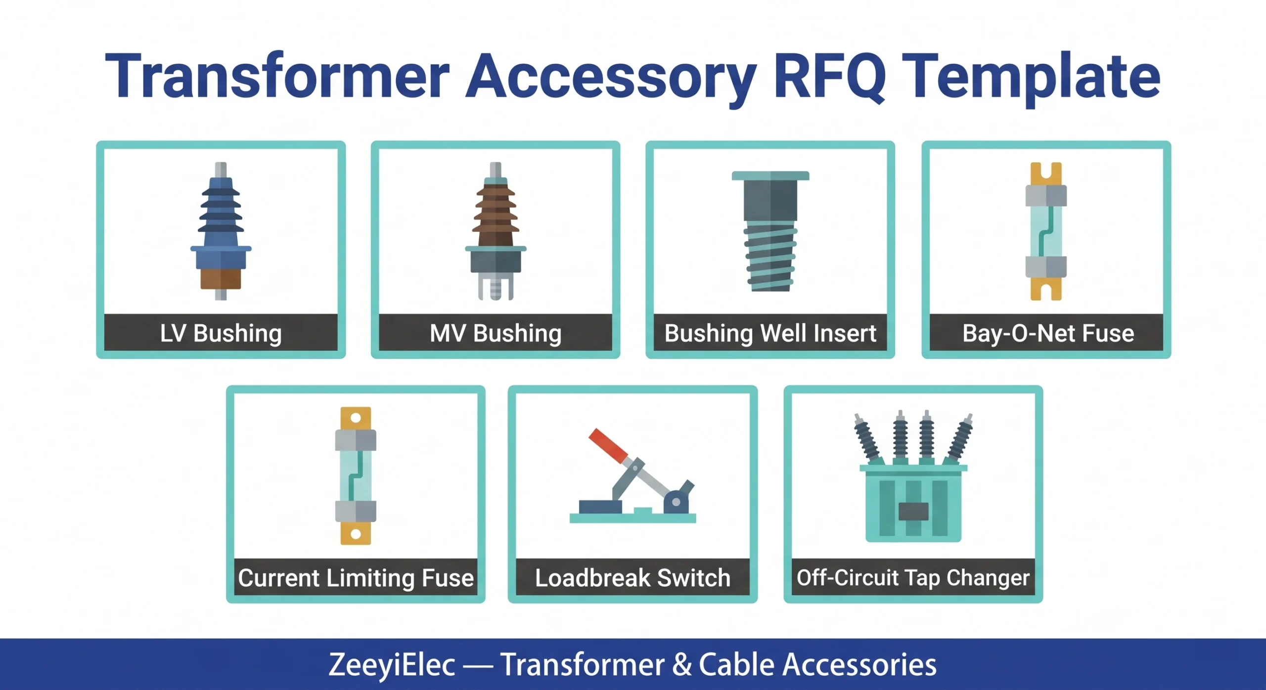 ZeeyiElec ट्रांसफॉर्मर सहायक उपकरणों के लिए RFQ टेम्पलेट, जिसमें सात वितरण ट्रांसफॉर्मर सहायक उपकरण परिवार शामिल हैं।