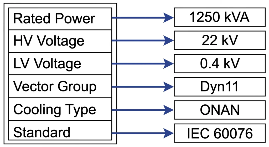 Scientific illustration of annotated transformer nameplate cross-referenced to RFQ header specification fields with callout arrows