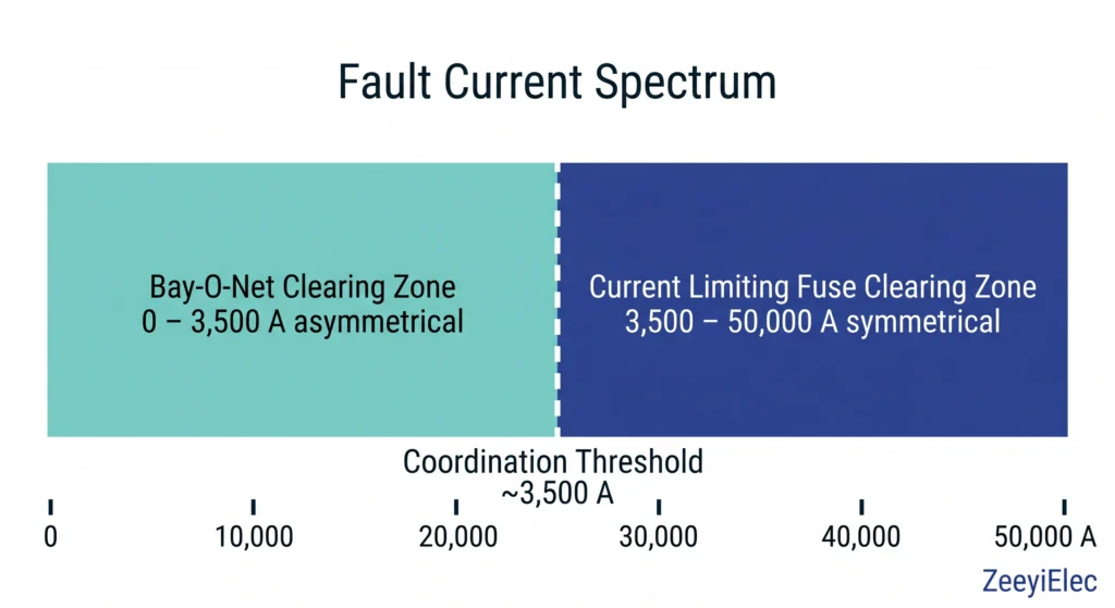 Infographic showing fault current spectrum bar with Bay-O-Net and current limiting fuse clearing zones for transformer protection coordination