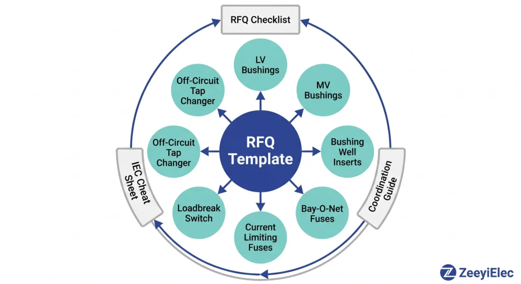 Hub and spoke internal link map connecting RFQ template to seven transformer accessory product series and support resources