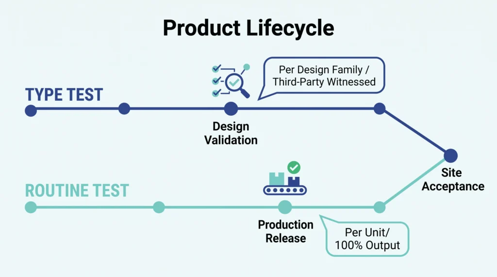 Product lifecycle timeline showing type test at design validation and routine test at production release stage