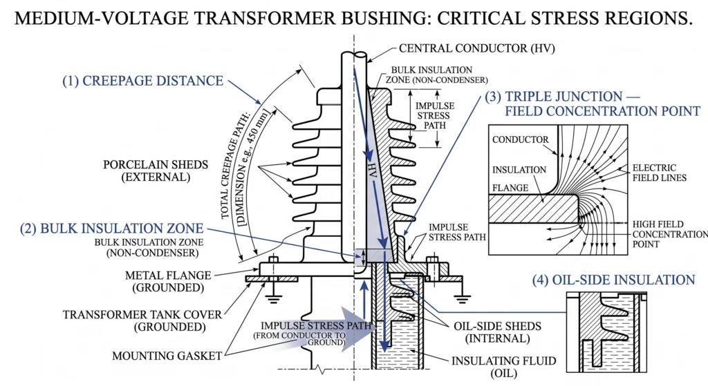 Cross-section diagram of medium voltage transformer bushing showing impulse stress path and insulation zones