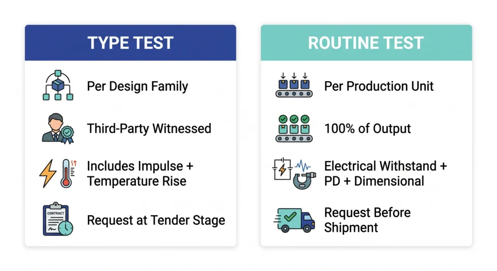 Split card infographic comparing type test and routine test scope frequency and buyer action for electrical accessories