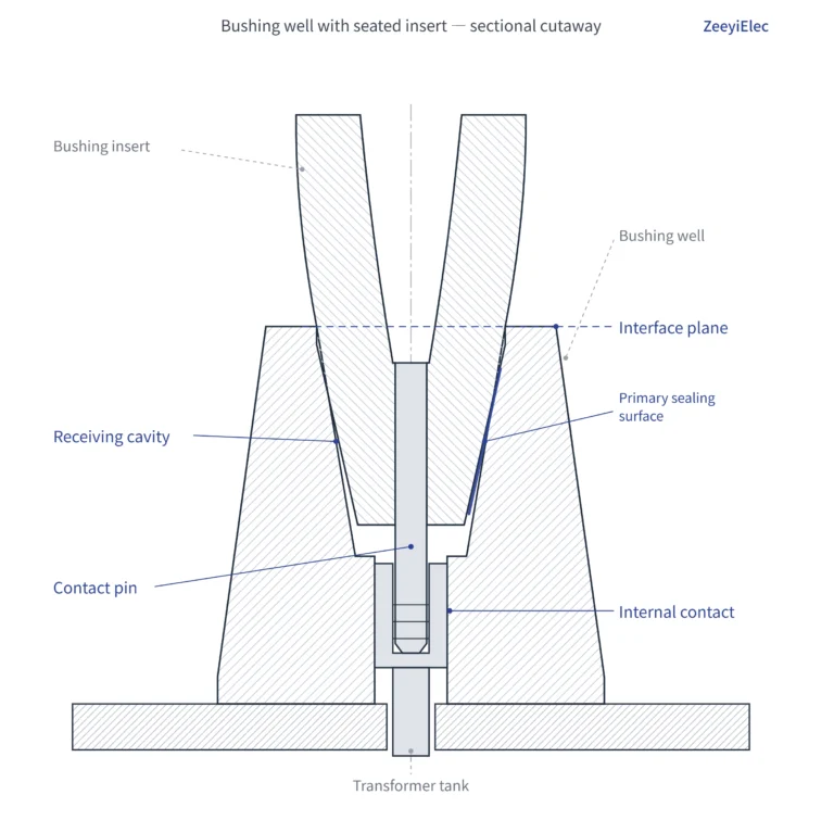 Bushing well interface dimensions cutaway showing seated well and insert mating plane