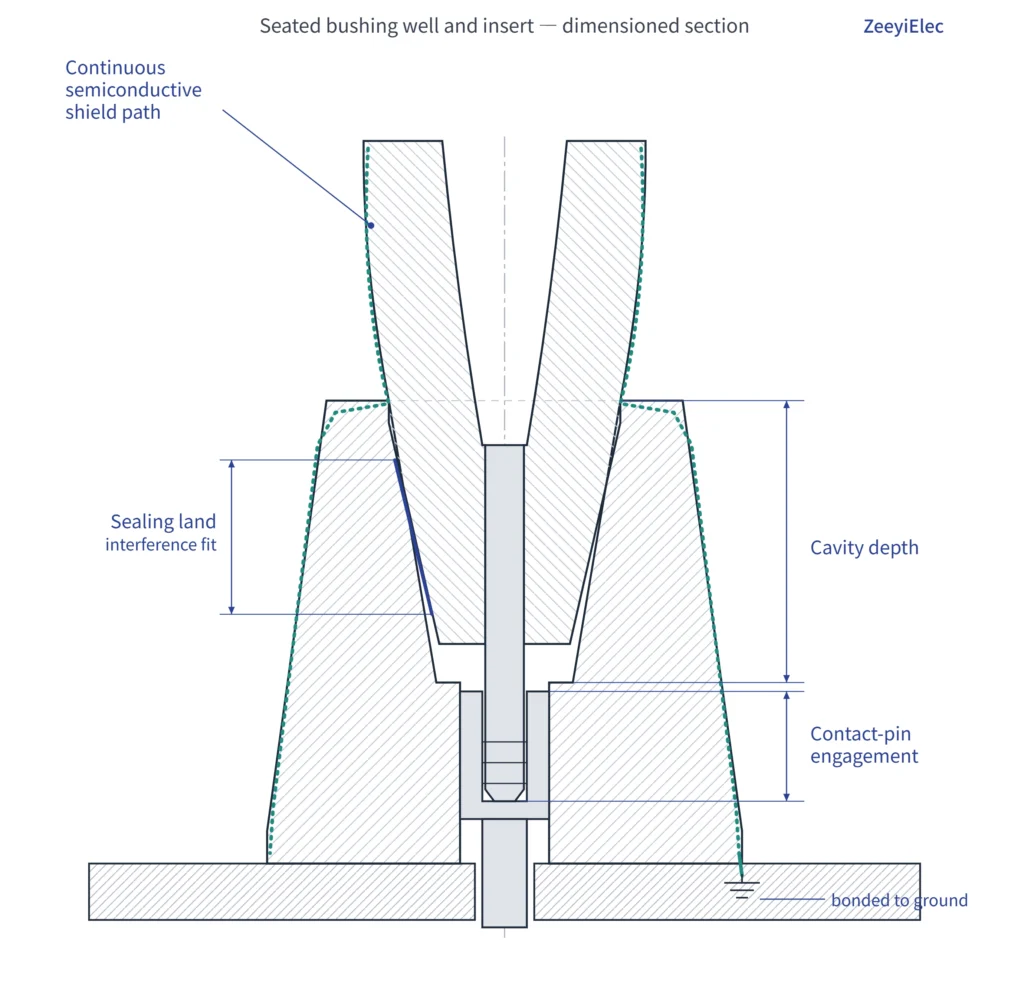 Bushing well interface cross-section showing pin engagement, sealing land, shield path