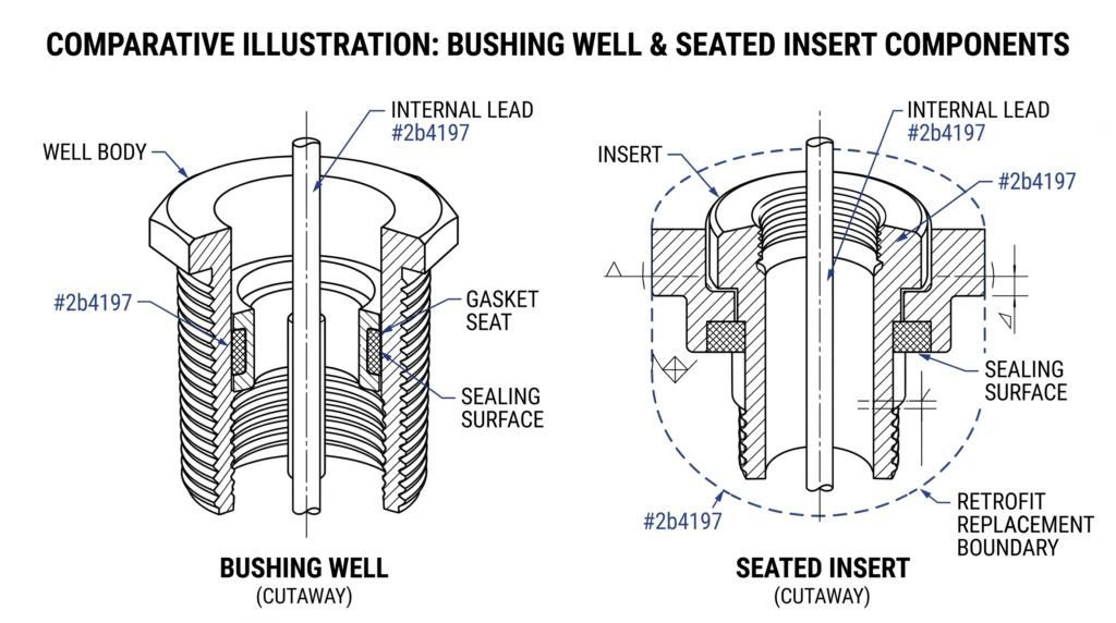 Cutaway of bushing well and insert showing sealing surface and retrofit replacement boundary on transformer