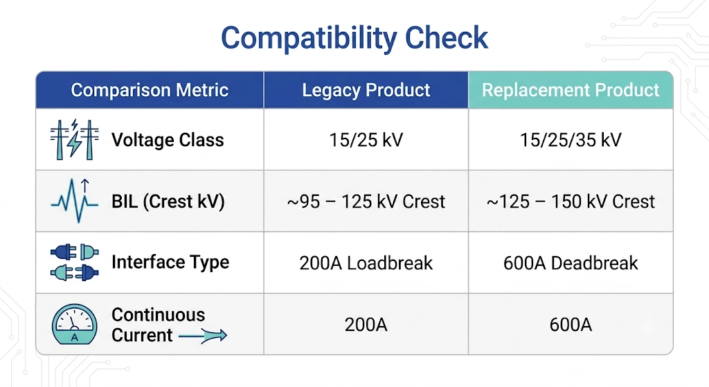 Bushing well compatibility comparison of voltage class, BIL, interface standard, and continuous current