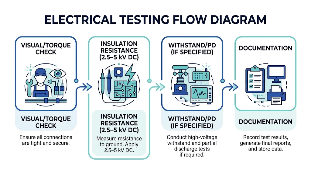 Post-retrofit commissioning test sequence: torque check, insulation resistance, partial discharge, documentation