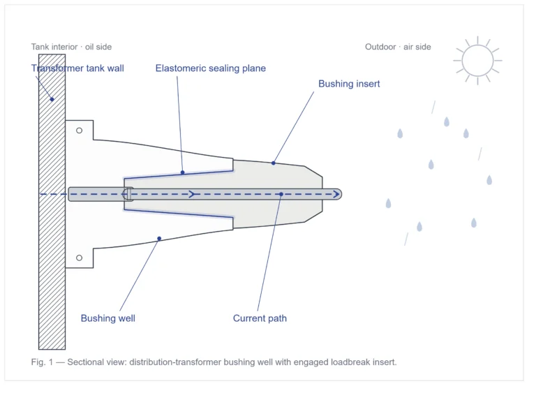 Bushing well sealing diagram showing outdoor moisture control at a transformer interface