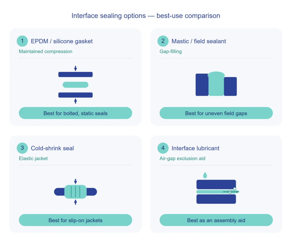 Comparison infographic of gasket, mastic, cold shrink, and lubricant bushing well sealing methods