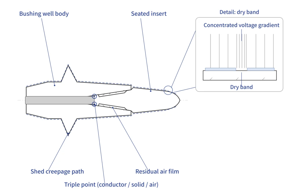 Cross-section diagram of bushing well and insert showing tracking interface, triple point, and creepage path