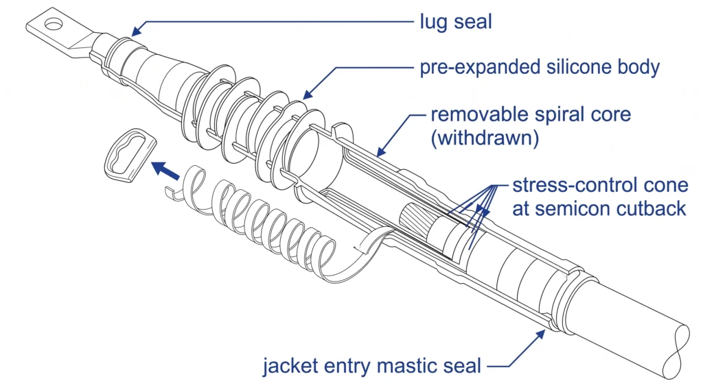 Cold shrink MV cable termination cross-section showing silicone body, support core, and stress control