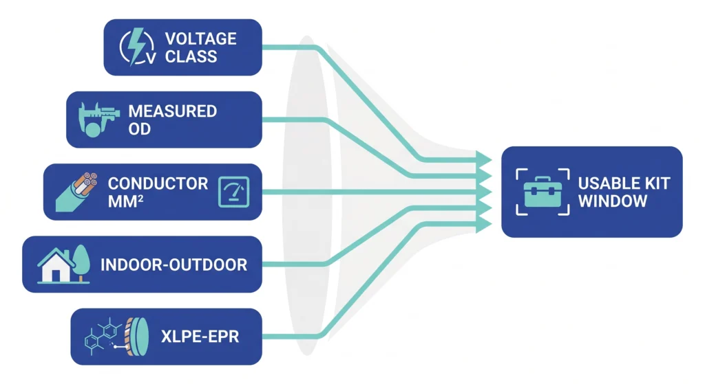 Cold shrink kit selection decision map routing voltage class, cable OD, and insulation type to kit window