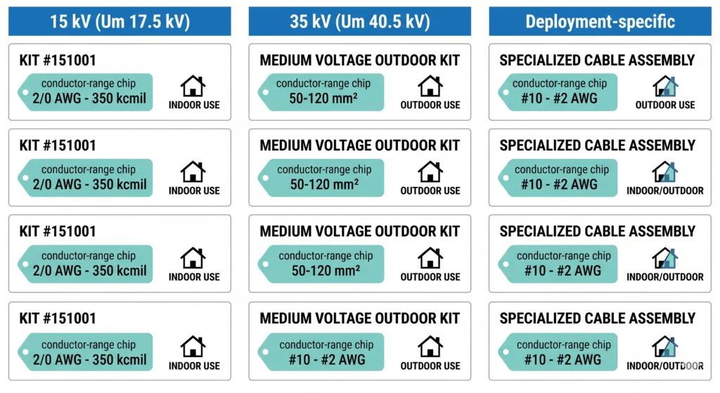 Spec grid of ten cold shrink MV termination kits grouped by 15 kV, 35 kV, and deployment type