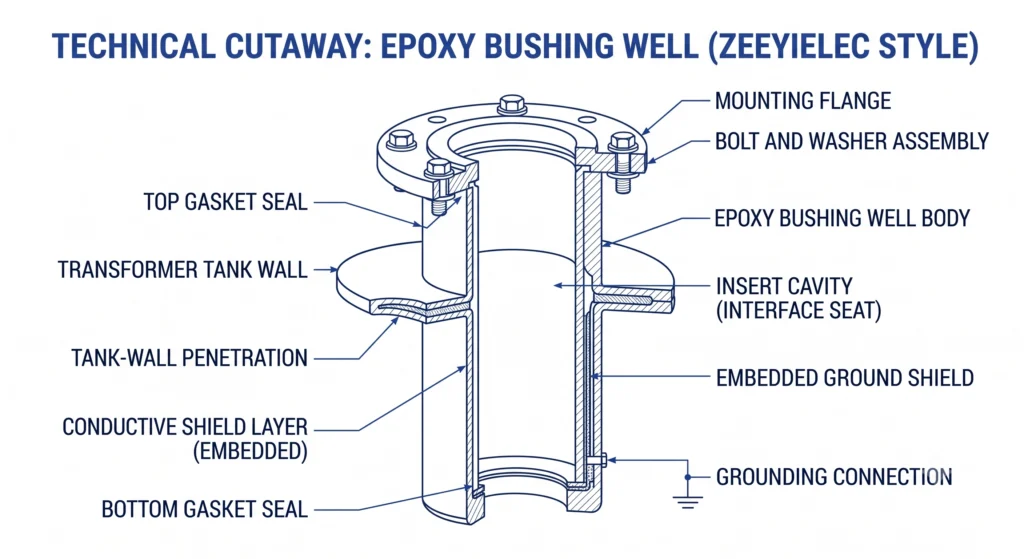 Labeled epoxy bushing well cutaway with mounting flange, ground shield, and insert cavity callouts