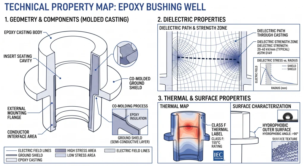 Epoxy bushing well property map showing dielectric path, hydrophobic surface, and thermal class