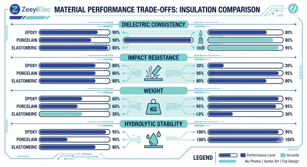 Infographic comparing epoxy, porcelain, and elastomeric bushing well materials across four criteria