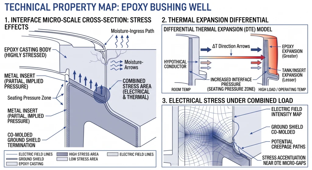 Bushing well insert seating interface stress diagram under electrical load and thermal expansion
