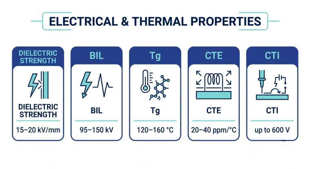 Infográfico sobre as propriedades das buchas de epóxi, abordando rigidez dielétrica, BIL, transição vítrea e índice de rastreamento