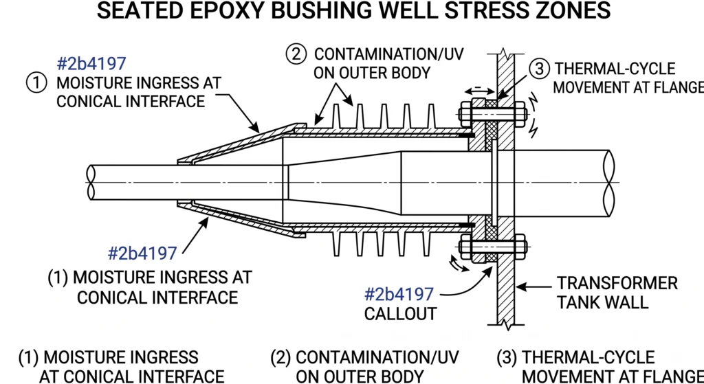 Diagrama dos pontos de tensão em poços com buchas de epóxi em serviço: umidade, contaminação e ciclos térmicos