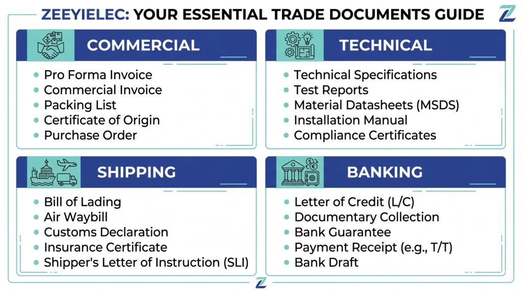 Four document families diagram for electrical accessory export: commercial, technical, shipping, banking