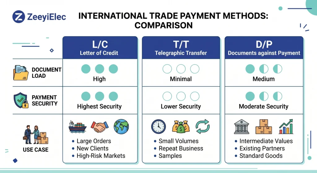 Letter of Credit versus T/T versus D/P payment document comparison for accessory exports
