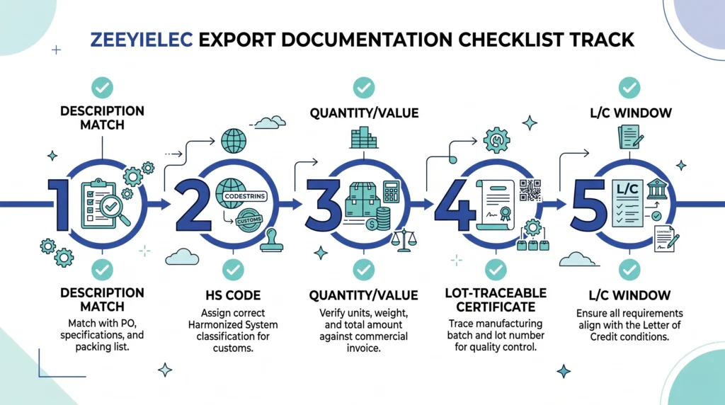 Pre-shipment document cross-check five-gate verification workflow for accessory orders