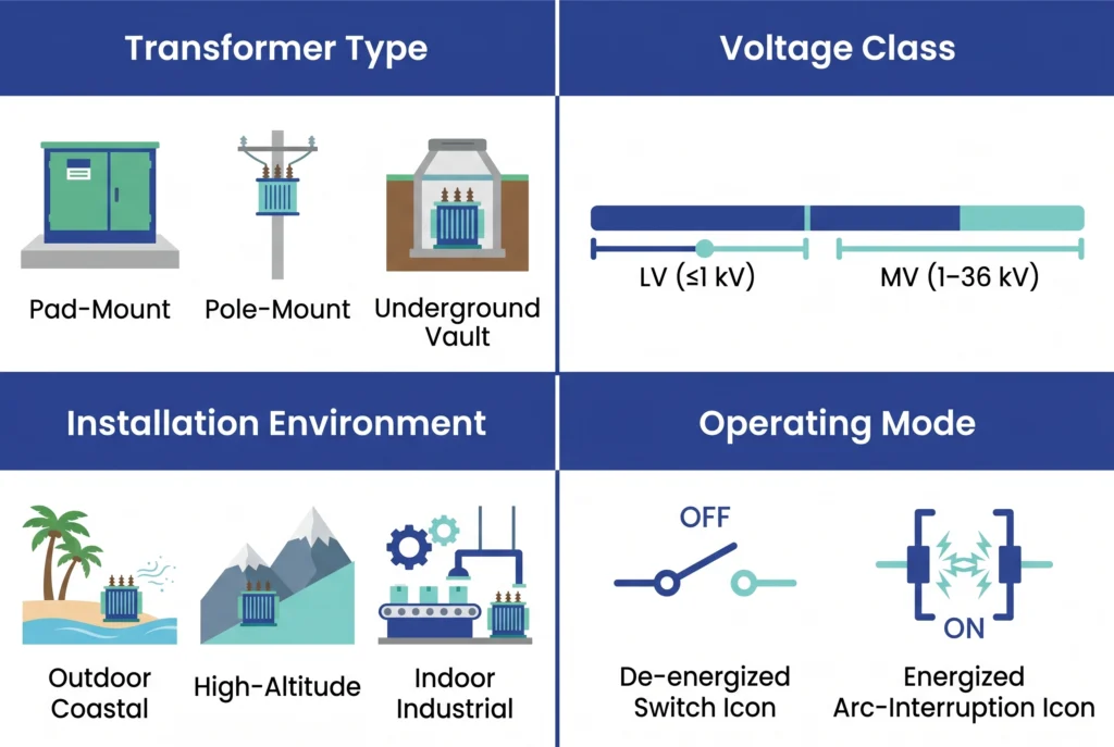 Four transformer accessory selection scenario axes mapped to accessory families infographic