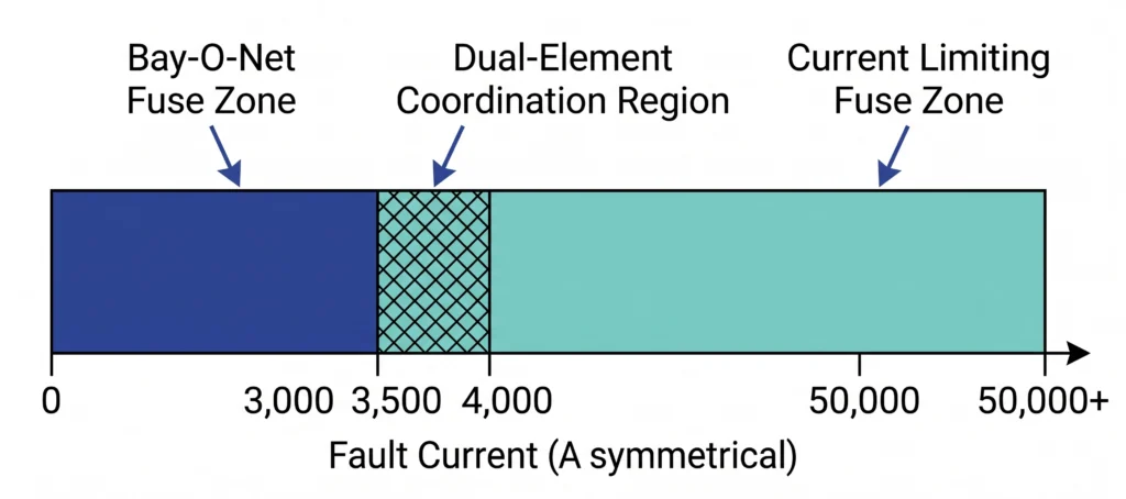 Fault current spectrum bar showing Bay-O-Net and current limiting fuse operating zones for transformer protection