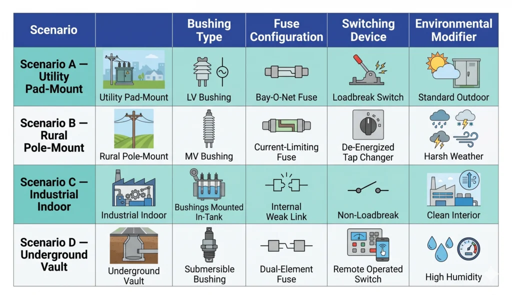 Four transformer deployment scenarios mapped to bushing type fuse configuration and switching device selection