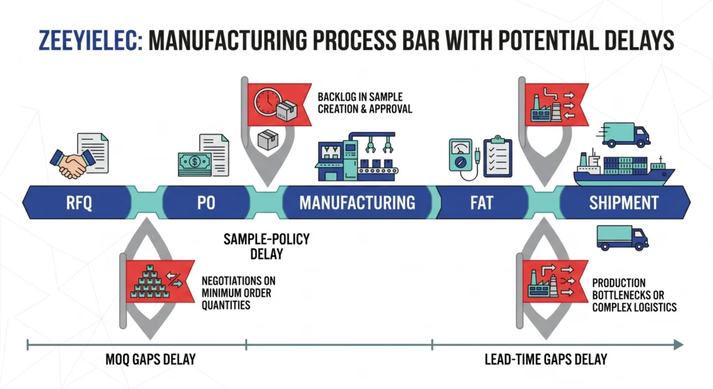 Procurement timeline showing where sample, MOQ and lead time gaps inject project delay