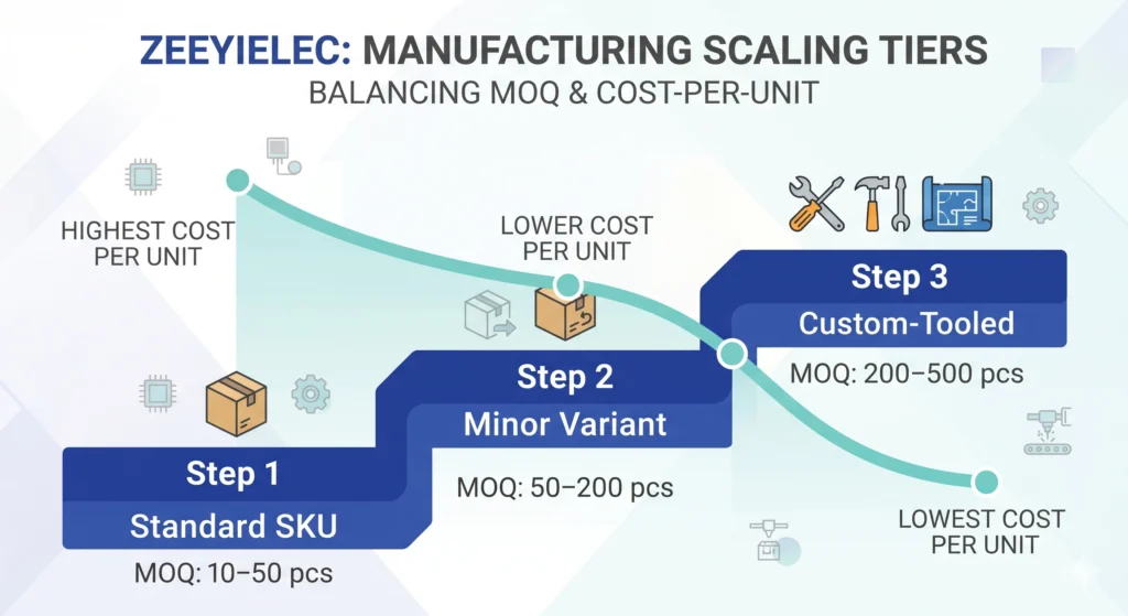 MOQ tier ladder comparing standard, minor-variant and custom-tooled electrical accessory minimums