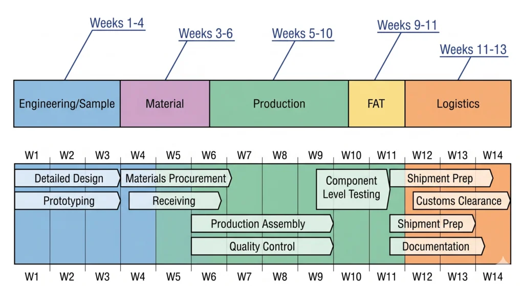 Stacked lead time bar decomposing engineering, material, production, FAT and logistics stages