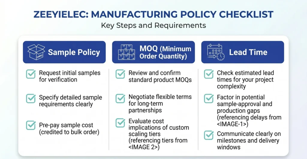 One-page RFQ clarification checklist card grouping sample policy, MOQ and lead time questions