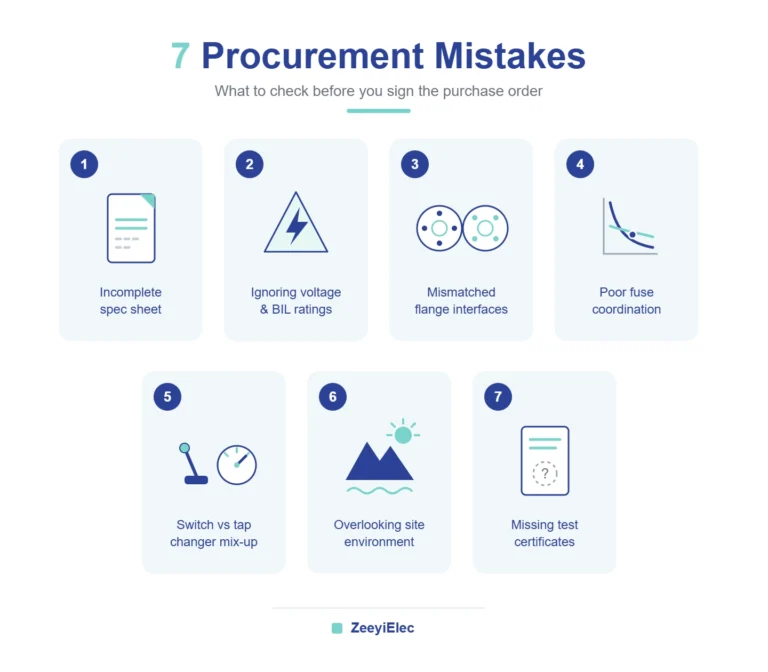 Seven common transformer accessories procurement mistakes infographic covering bushings fuses tap changers