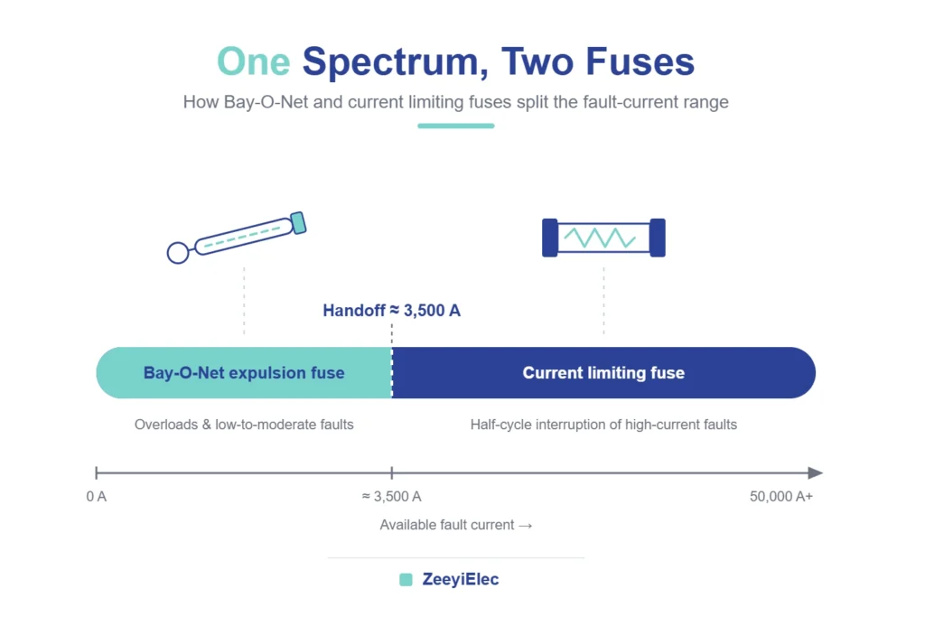 Fault current spectrum showing bay-o-net fuse and current limiting fuse coordination zones
