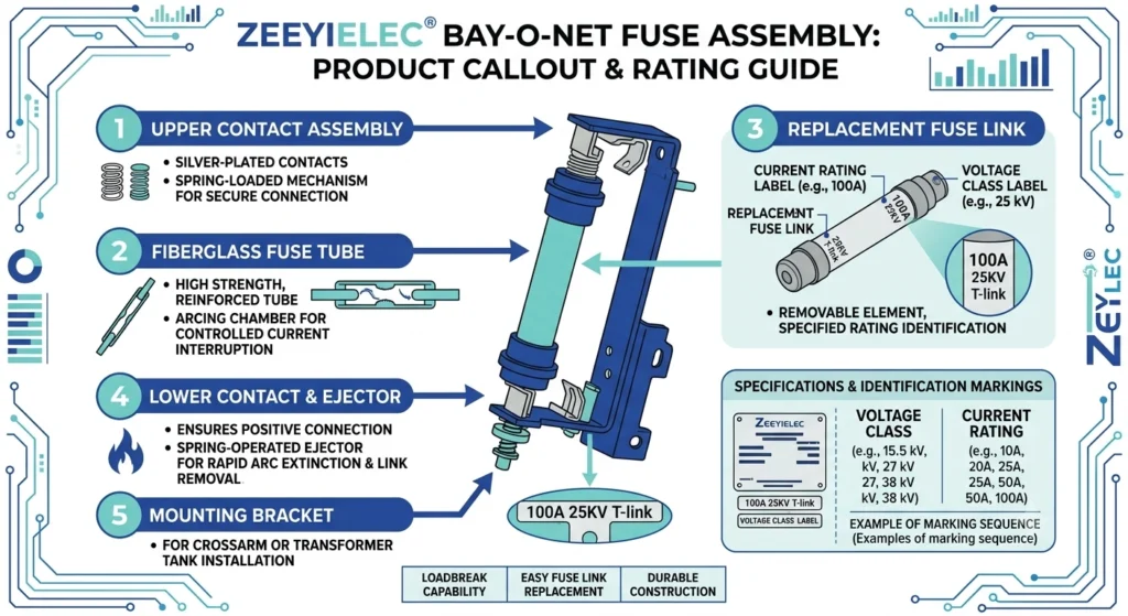 Diagrama do produto do conjunto de fusíveis Bay-O-Net, mostrando a classe de tensão e a faixa de corrente nominal