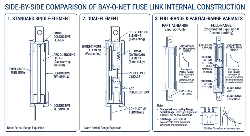 Comparação entre a construção padrão, de elemento duplo e de alcance parcial e total dos fusíveis Bay-O-Net